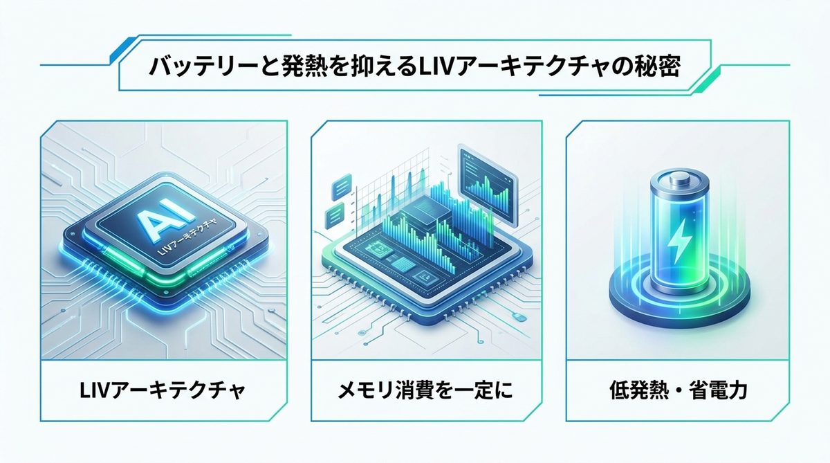 図解：バッテリーと発熱を抑えるLIVアーキテクチャの秘密