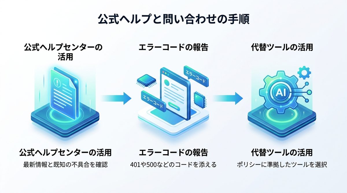 図解：それでも解決しない場合｜公式ヘルプと問い合わせの手順