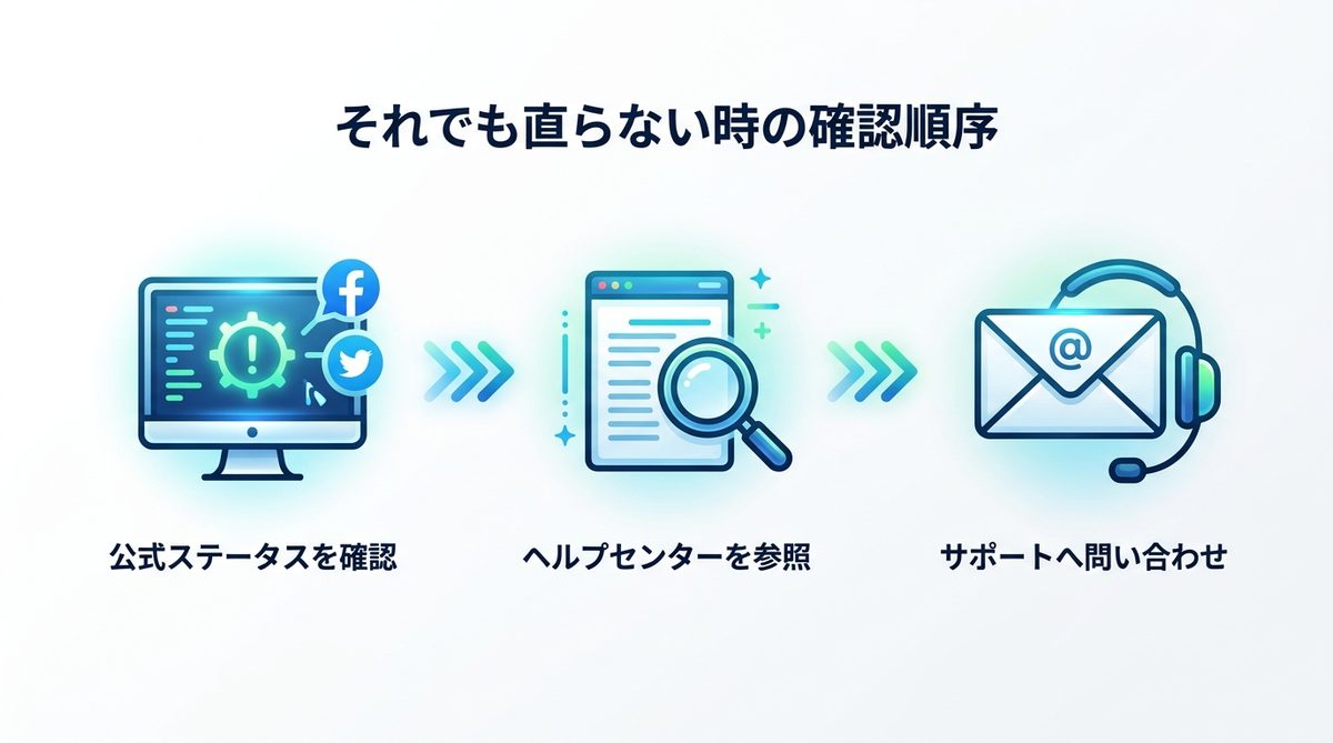 図解：それでも直らない時の確認順序（公式ステータスとサポート）