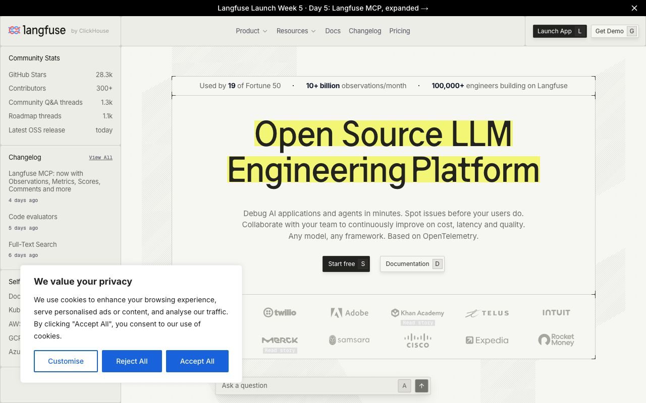 Langfuse MCPの公式サイトトップページ