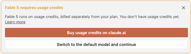Claude Codeに表示された「Fable 5 requires usage credits」のエラー画面