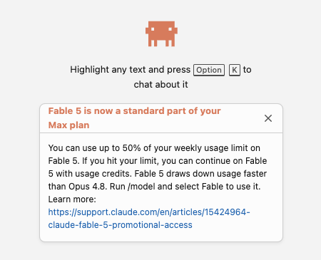 再起動後に表示された「Fable 5 is now a standard part of your Max plan」の案内