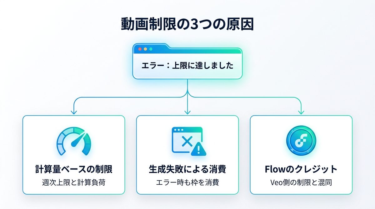 図解：Geminiで「動画生成の上限に達しました」と出る3つの原因