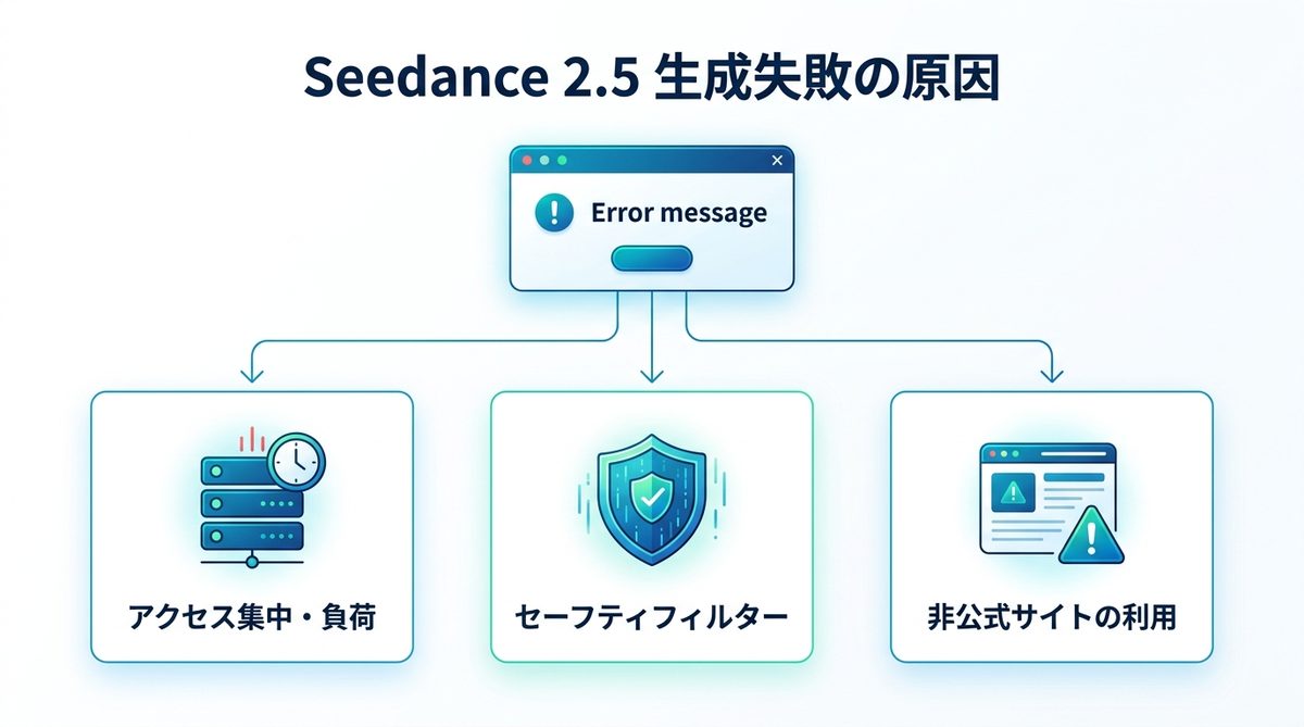 図解：「Seedance 2.5」で生成できない主な原因