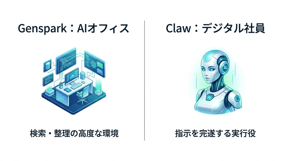 図解:【図解】GensparkとGenspark Clawの関係性:オフィスと社員の比喩