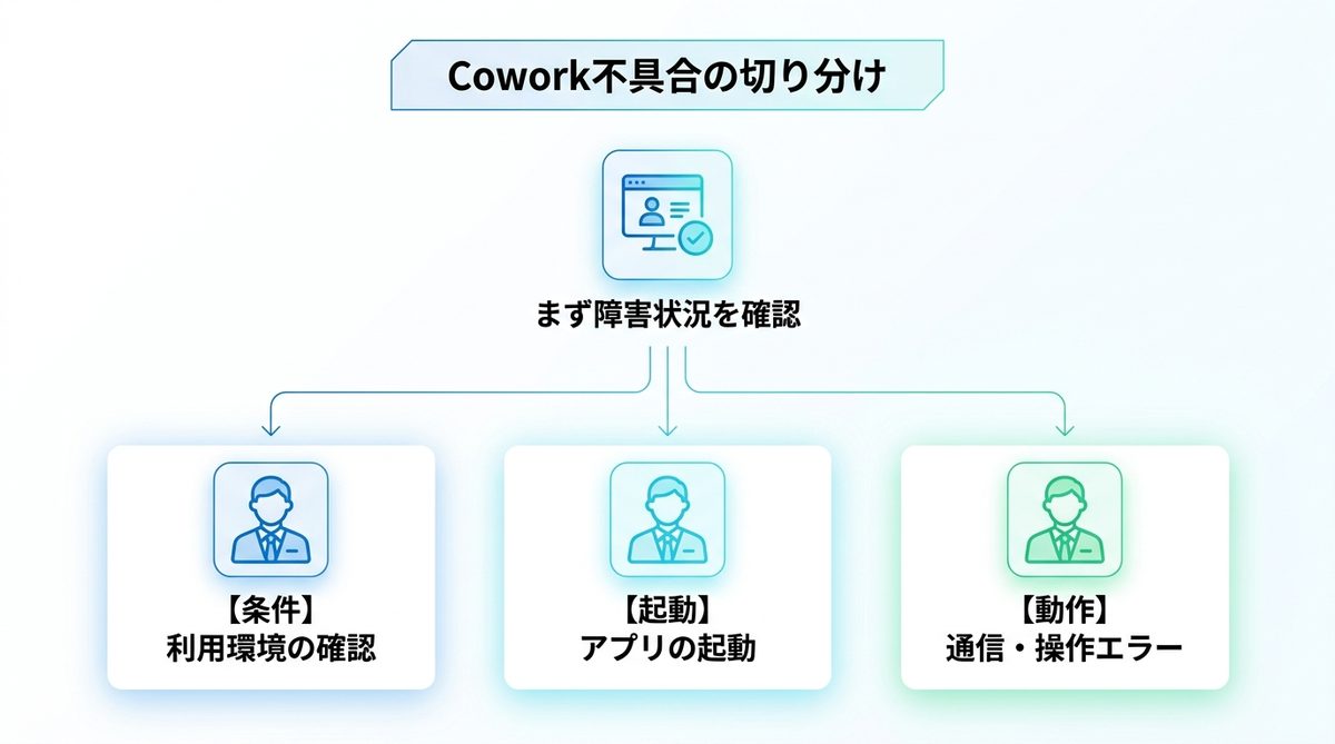 図解：まず切り分け：あなたのCoworkが「使えない」3つの層