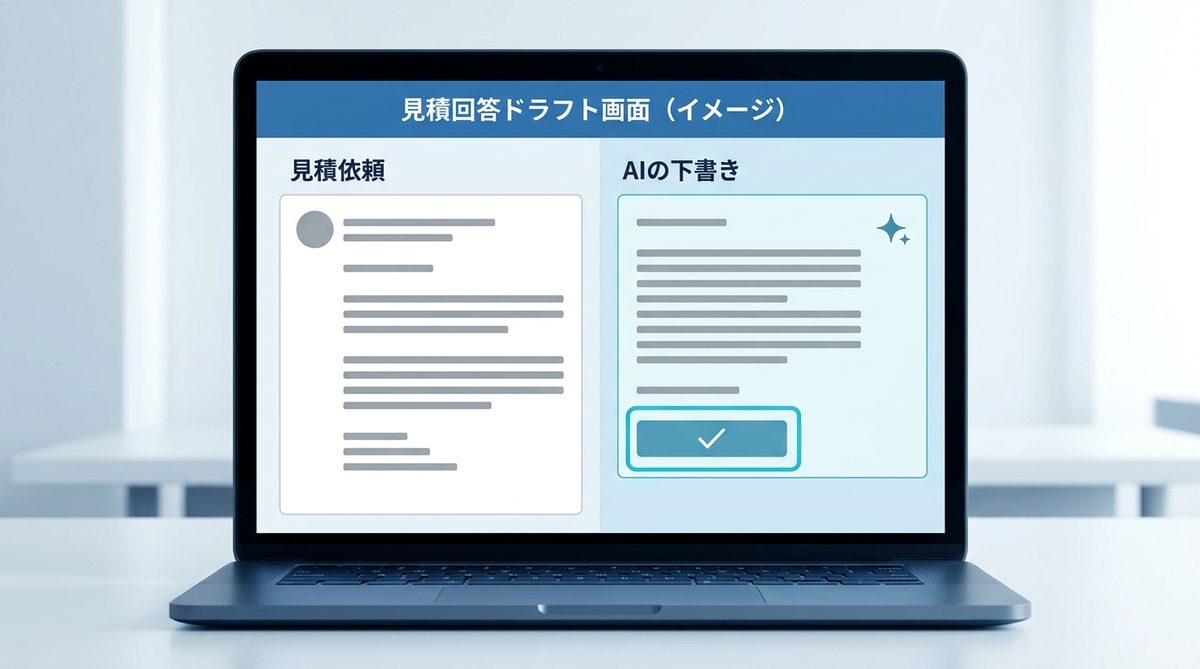 見積回答ドラフト画面：左に見積依頼、右にAIの下書き