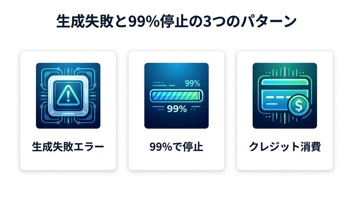 図解：生成失敗と99%停止の仕組み
