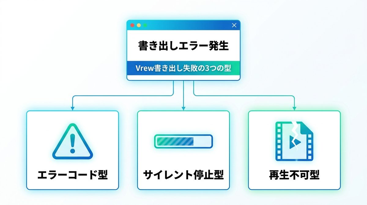 図解：Vrewのエクスポートが失敗するときに最初に見る3点