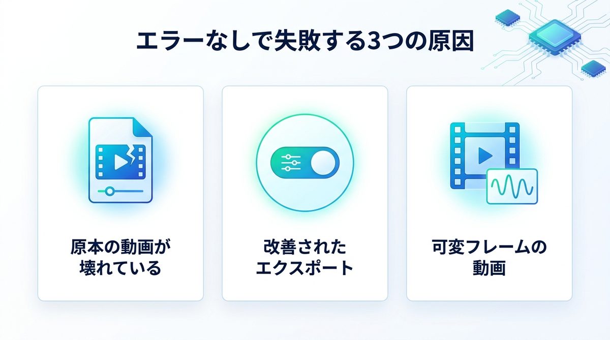 図解：エラーコードが出ないまま失敗する場合の3つの原因
