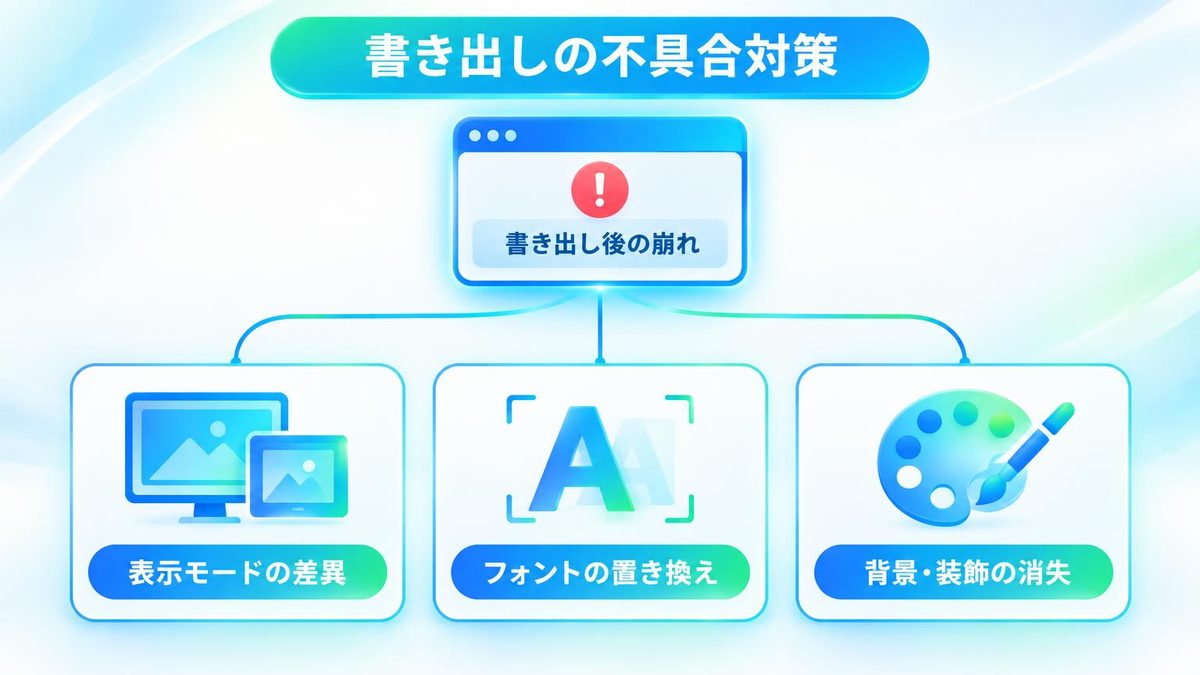 図解：書き出せたのに崩れる・文字化けするとき