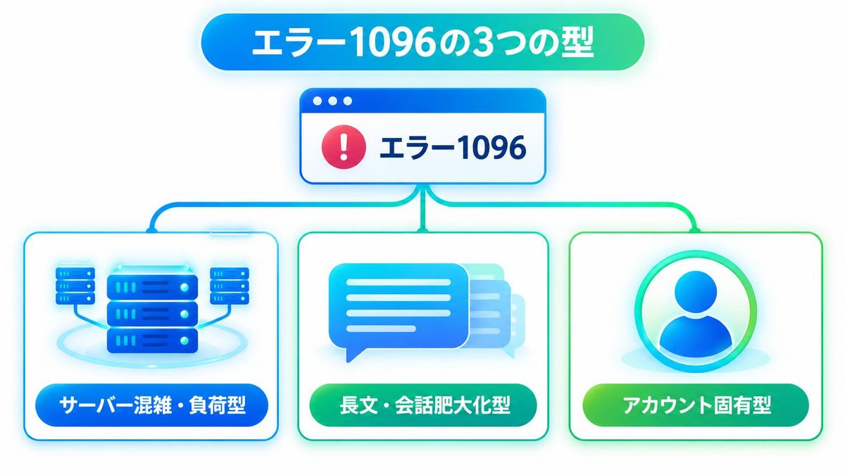 図解：エラー1096の3つの出方（混雑時に他の番号と出る／長い会話で出続ける／特定のアカウントだけ毎回出る）